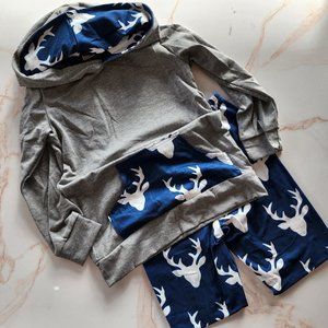 Blue Deer & Grey Hoodie & Pant Boys Set
